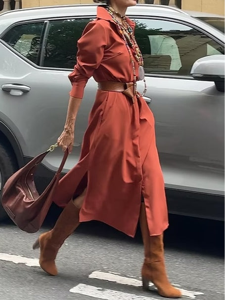 Button-Down Midi Shirt Dress with Lapel and Pocket
