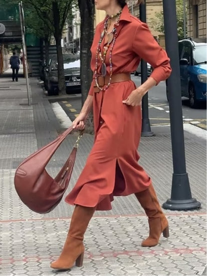 Button-Down Midi Shirt Dress with Lapel and Pocket