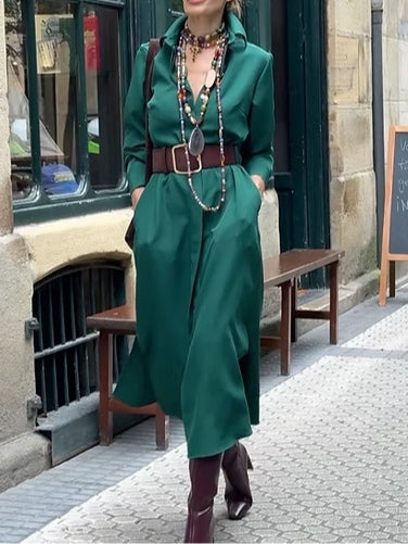 Button-Down Midi Shirt Dress with Lapel and Pocket