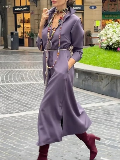 Button-Down Midi Shirt Dress with Lapel and Pocket