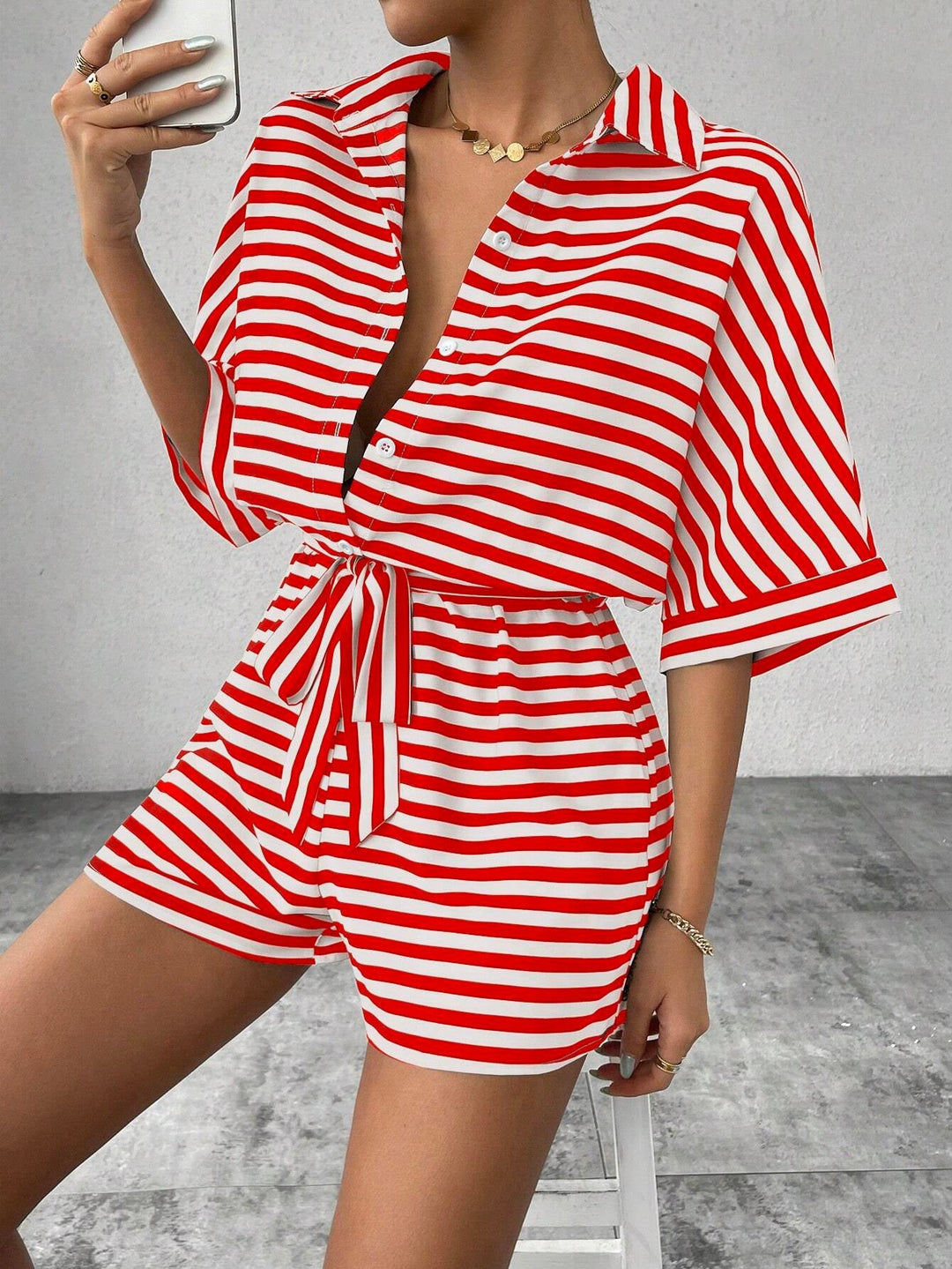 CANDIDA™ – Striped Tie-Front Casual Summer Romper