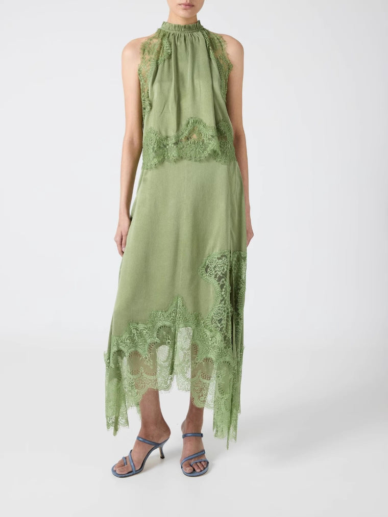 Lace-Trimmed Pleated Collar Top with Asymmetrical Slit Skirt Set