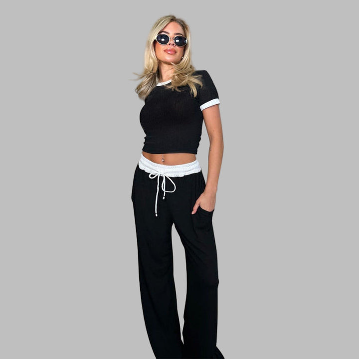 PLATU™ - Relaxed Short Sleeve Top and Flowing Wide Leg Pants Ensemble