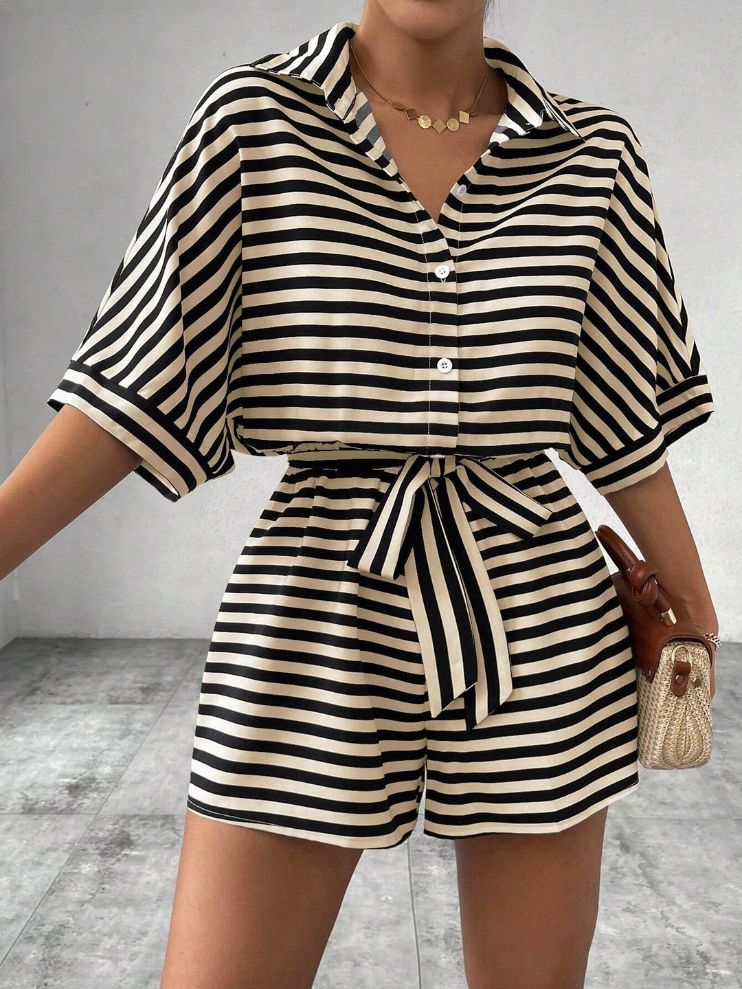 CANDIDA™ – Striped Tie-Front Casual Summer Romper