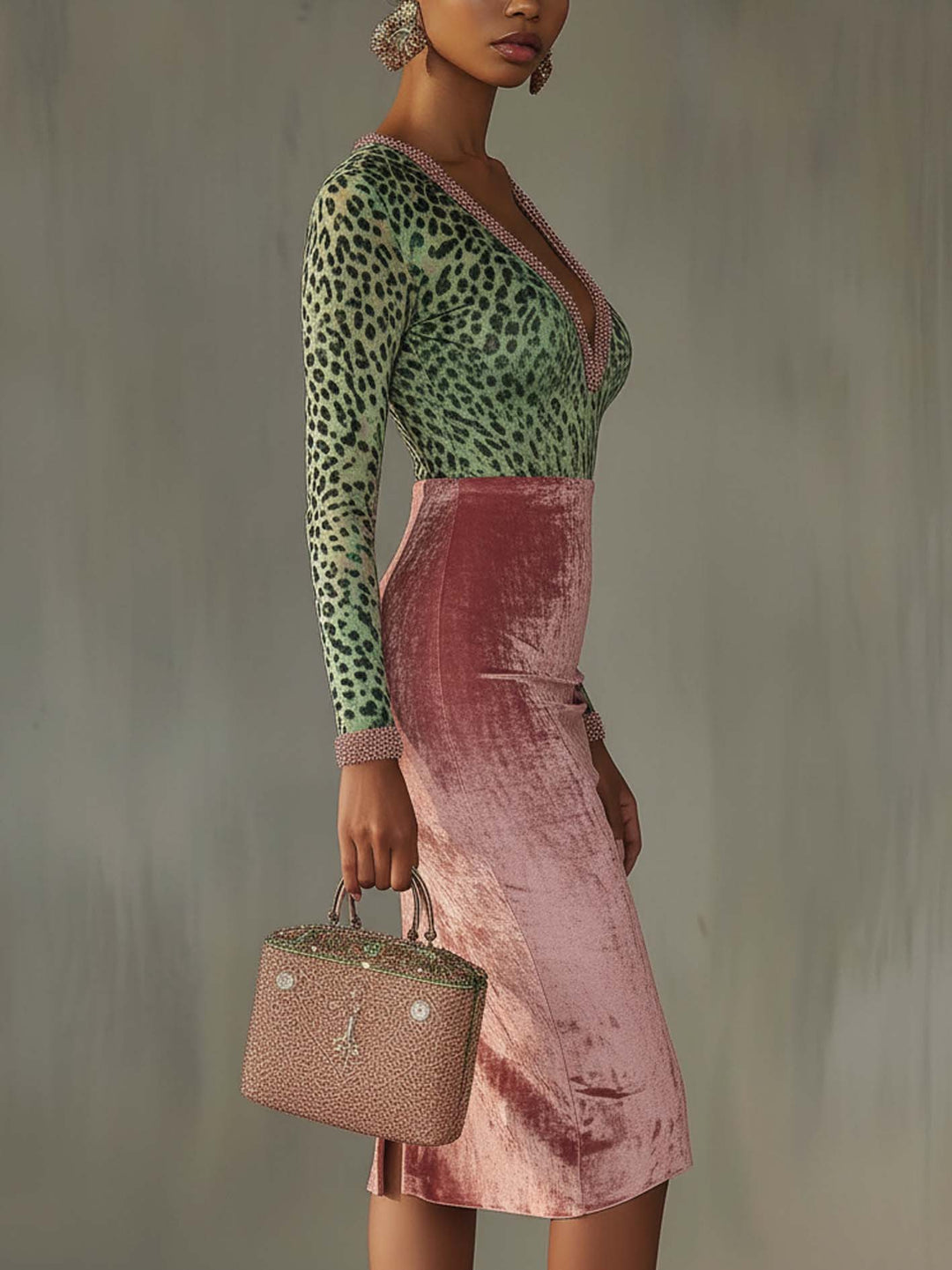 Leopard Print Midi Dress in Pink Velvet