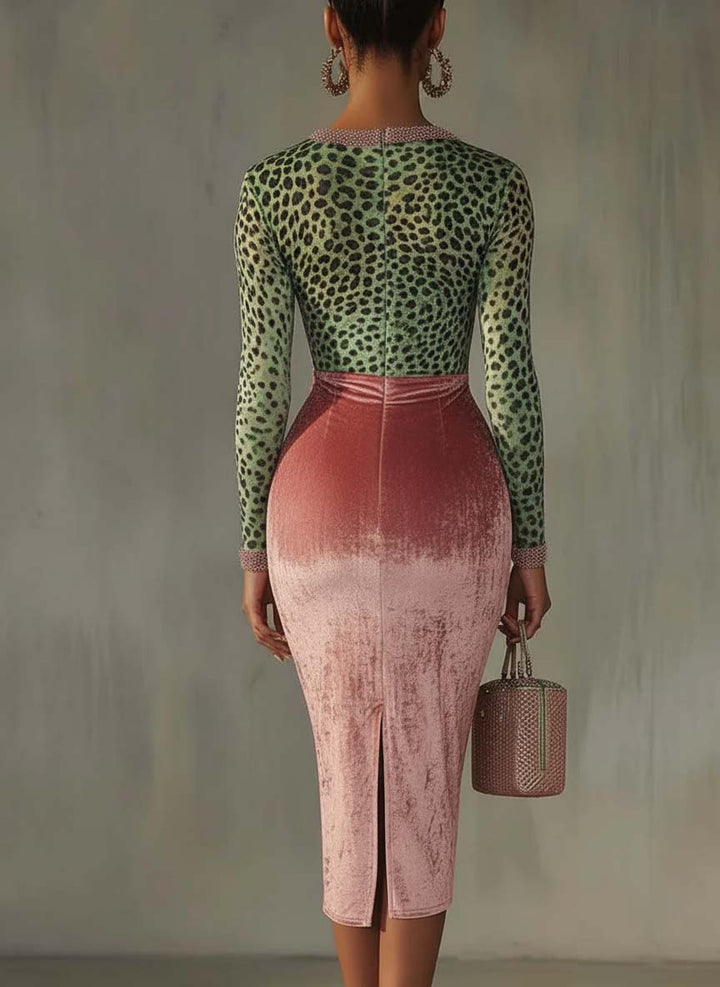 Leopard Print Midi Dress in Pink Velvet