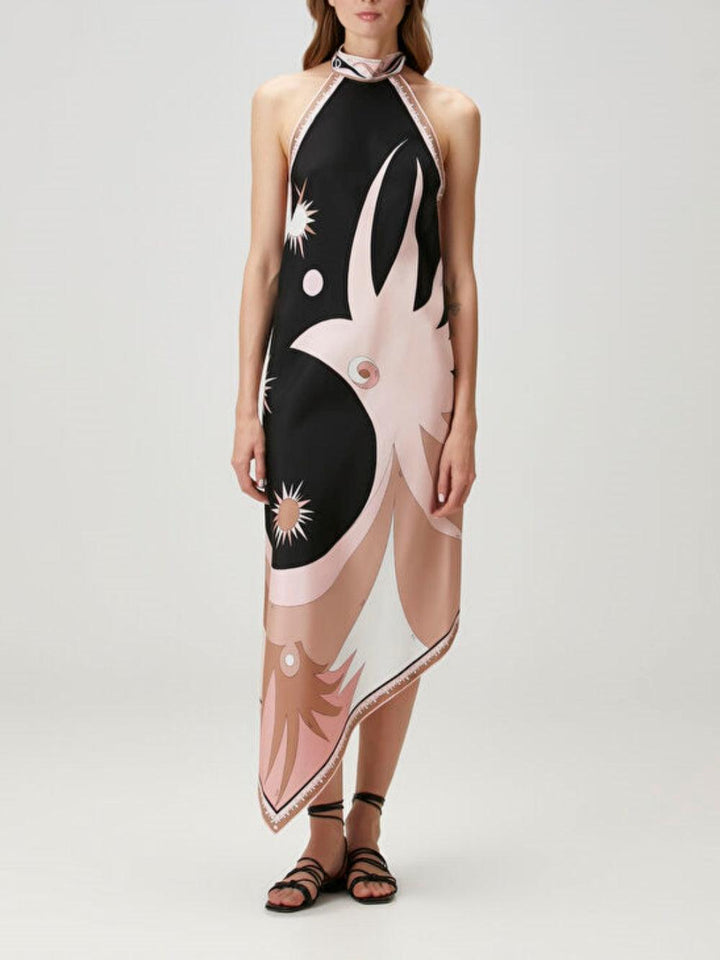 Printed Satin Midi Dress with Halter Neck
