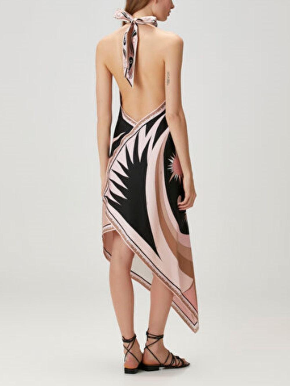 Printed Satin Midi Dress with Halter Neck