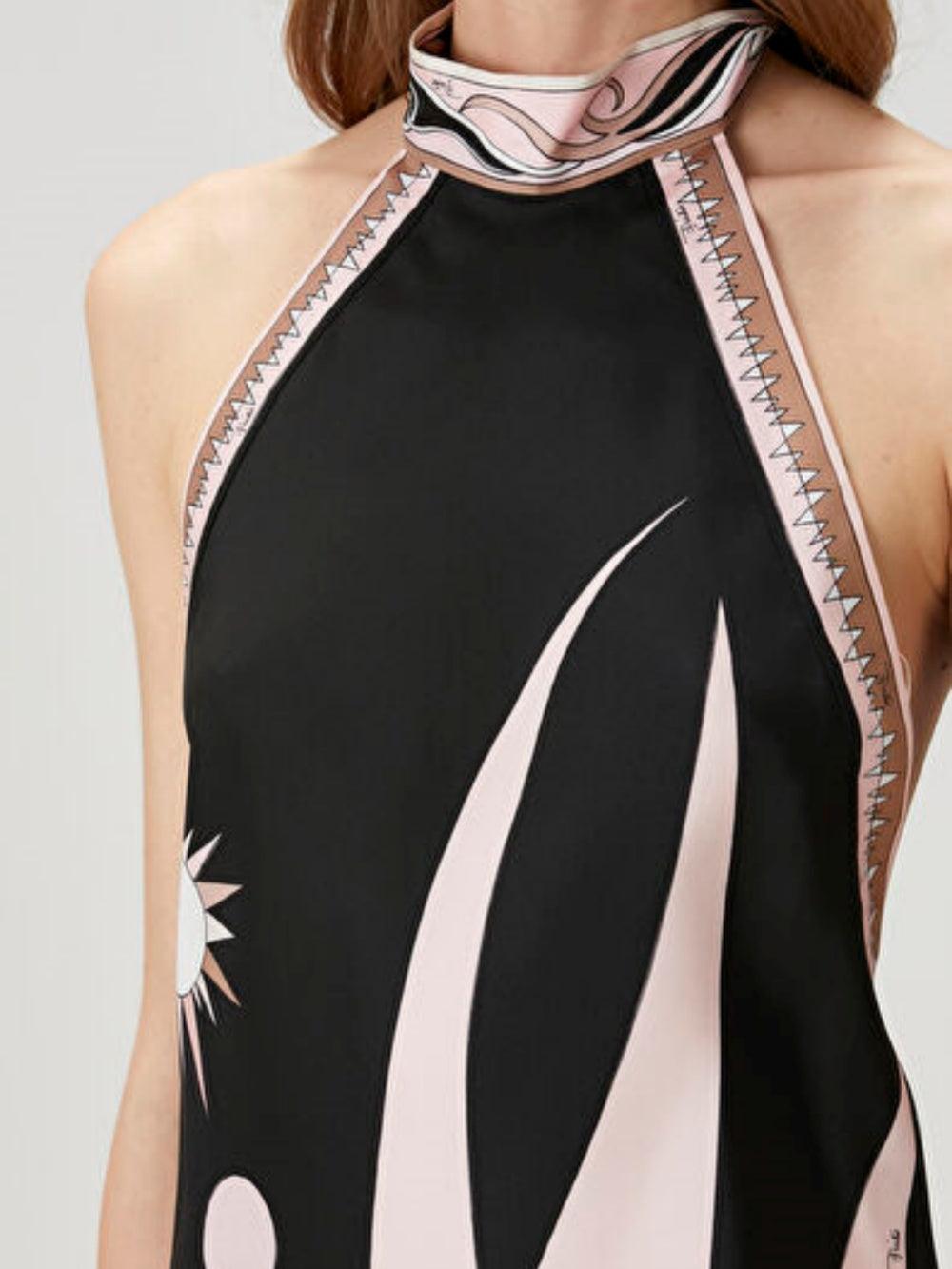 Printed Satin Midi Dress with Halter Neck