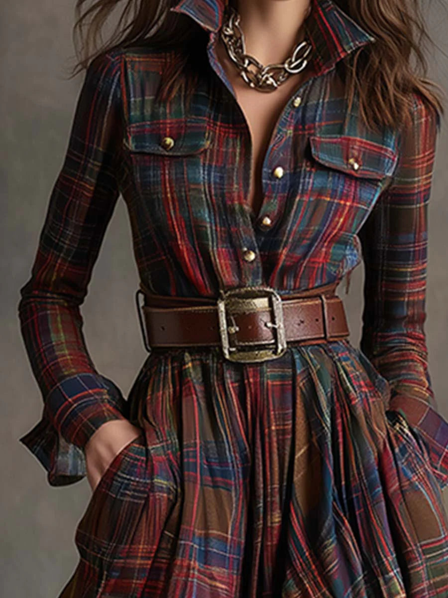 Vintage-Inspired Reddish Brown Plaid Maxi Dress with Lapel