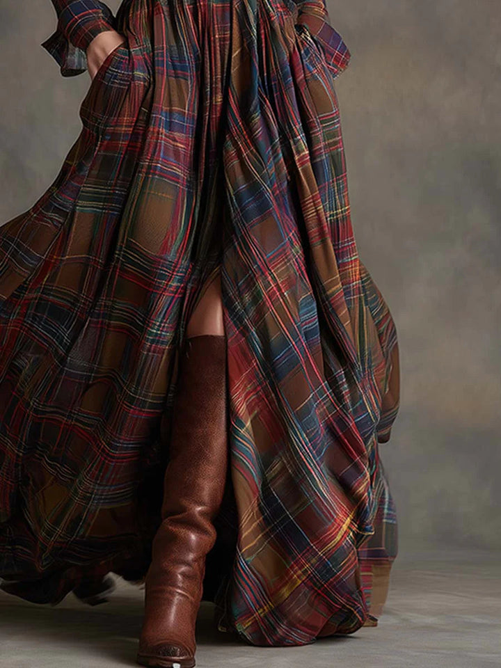Vintage-Inspired Reddish Brown Plaid Maxi Dress with Lapel