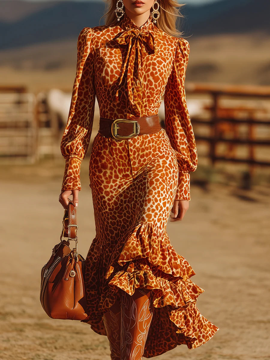 Vintage-Inspired Orange Leopard Velvet Maxi Dress with Ruffles