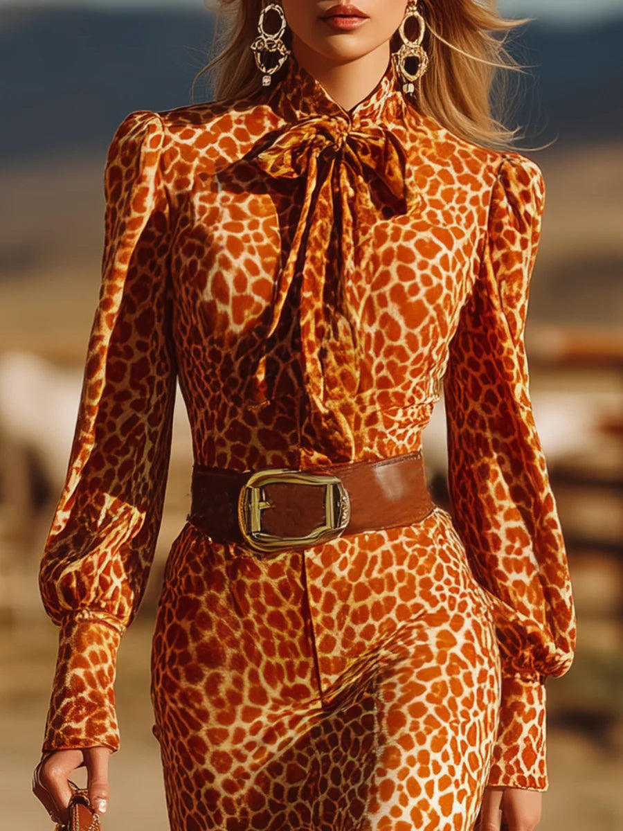 Vintage-Inspired Orange Leopard Velvet Maxi Dress with Ruffles