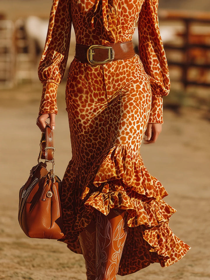 Vintage-Inspired Orange Leopard Velvet Maxi Dress with Ruffles