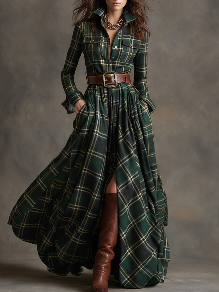 Vintage-Inspired Reddish Brown Plaid Maxi Dress with Lapel