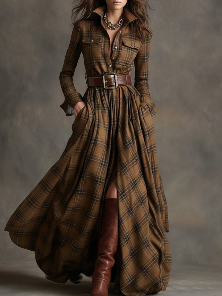 Vintage-Inspired Reddish Brown Plaid Maxi Dress with Lapel