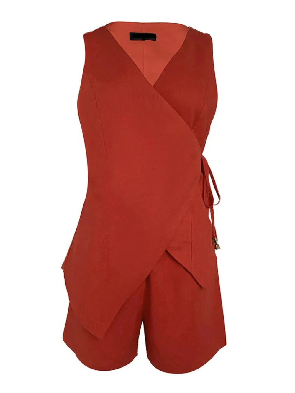 סט טופ ללא שרוולים עם צווארון V מפשתן ומכנסיים קצרים רגועים