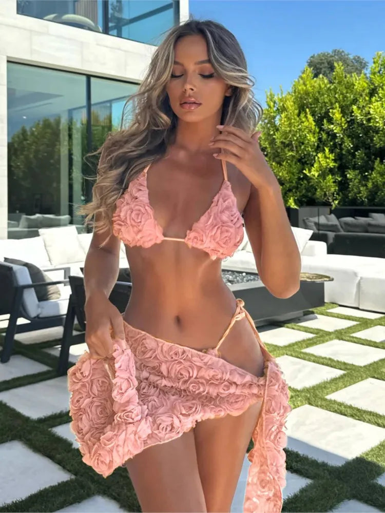 Farina Rosé Bloom 3D Floral Bikini Ensemble with Skirt