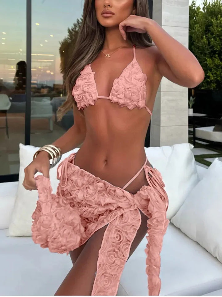 Farina Rosé Bloom 3D Floral Bikini Ensemble with Skirt