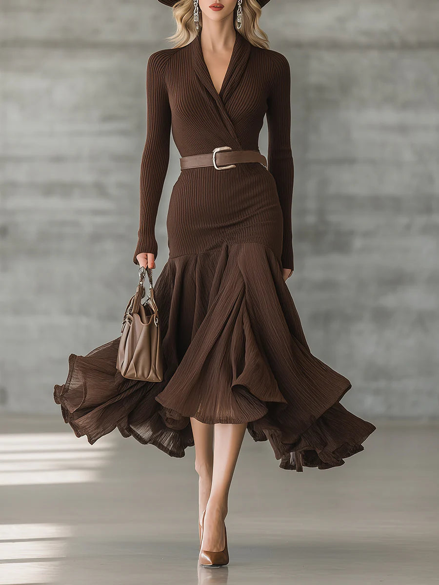 Elegant V-Neck Crinkled Midi Dress with Hem Stitching
