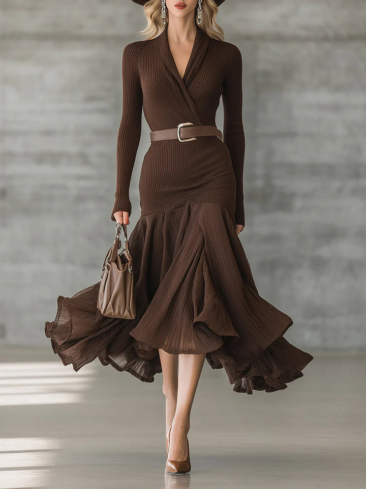 Elegant V-Neck Crinkled Midi Dress with Hem Stitching