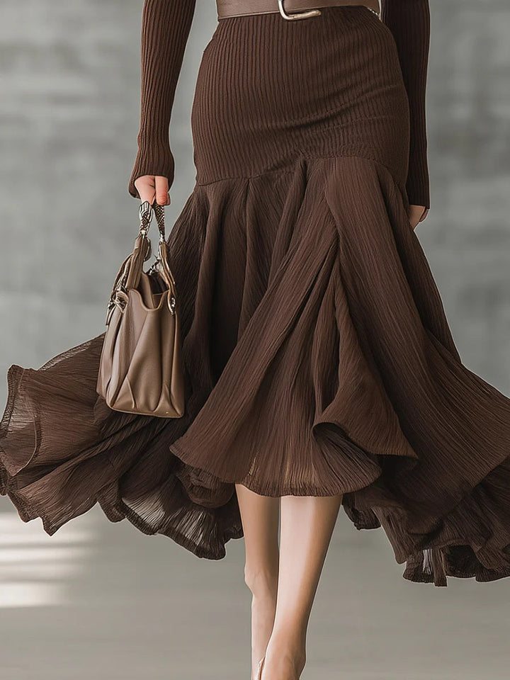 Elegant V-Neck Crinkled Midi Dress with Hem Stitching