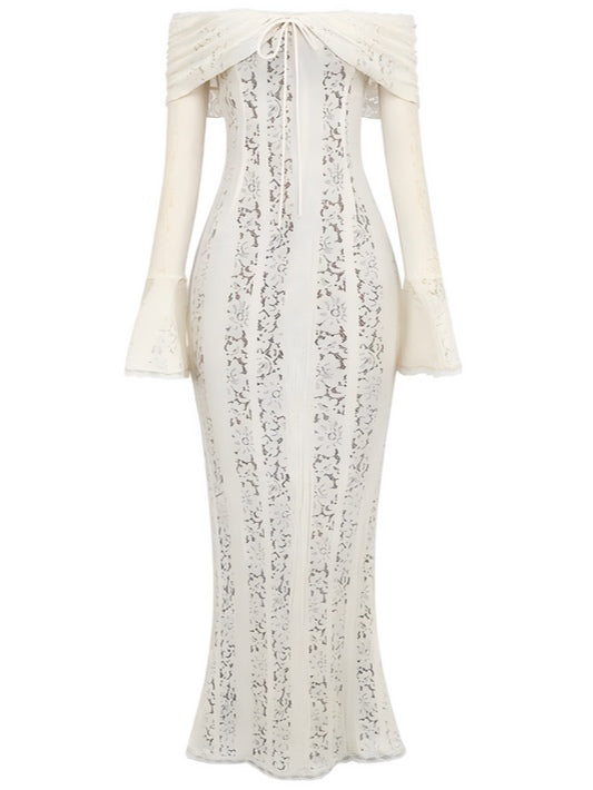 שמלת מקסי תחרה עם כתפיים פתוחות