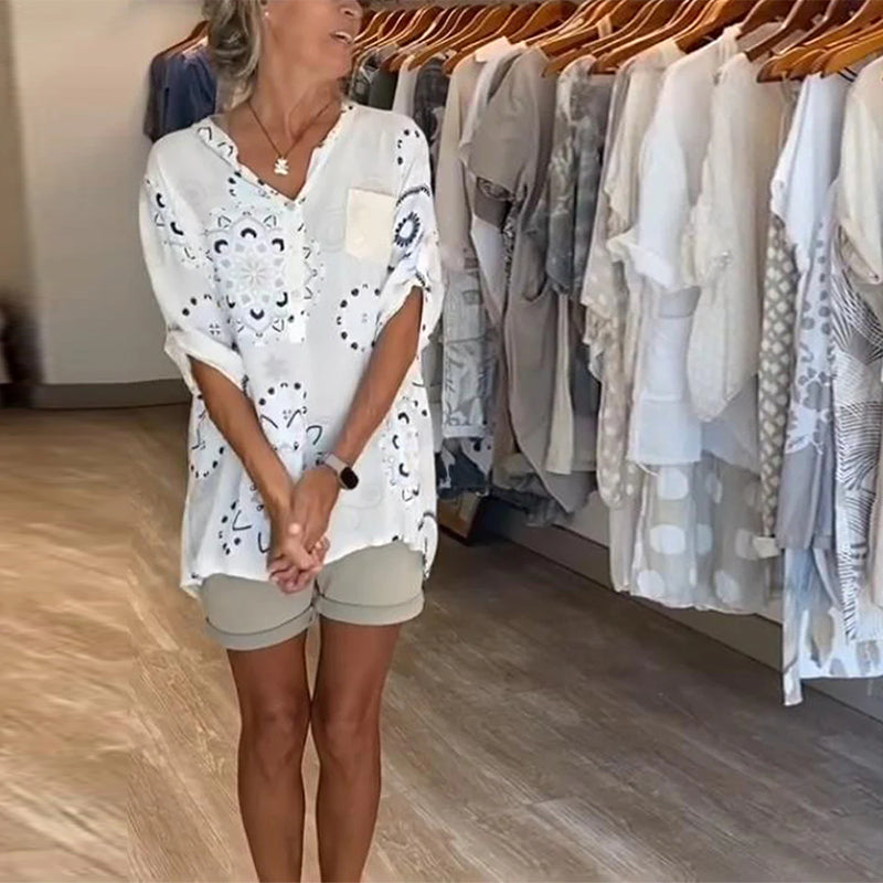 Versatile V-Neck Printed Blouse with Half Sleeves