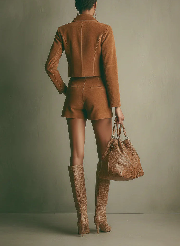 Faux Suede Cropped Jacket with High-Waisted Shorts Ensemble