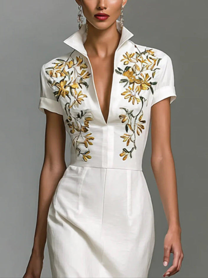 Printed V-Neck Midi Dress with Short Sleeves