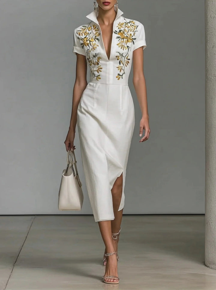 Printed V-Neck Midi Dress with Short Sleeves