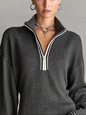 Chic Loose Knit Mini Dress with White Trim and Zippered Polo Neck