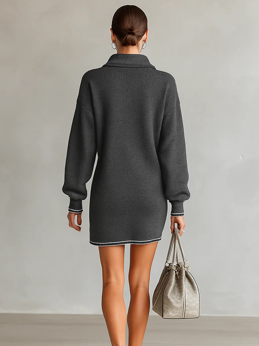 Chic Loose Knit Mini Dress with White Trim and Zippered Polo Neck