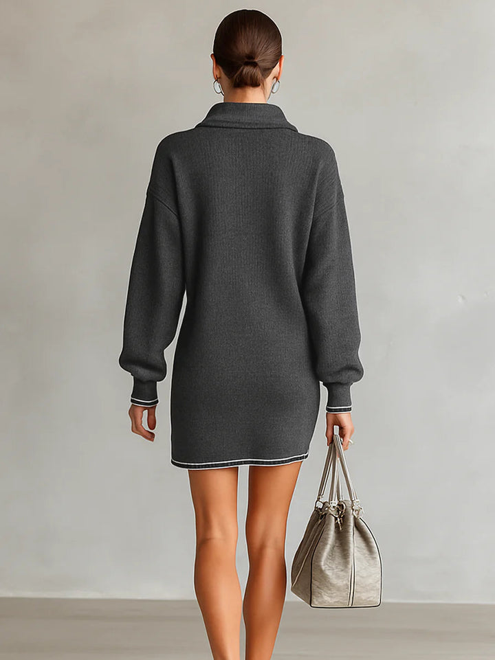 Chic Loose Knit Mini Dress with White Trim and Zippered Polo Neck