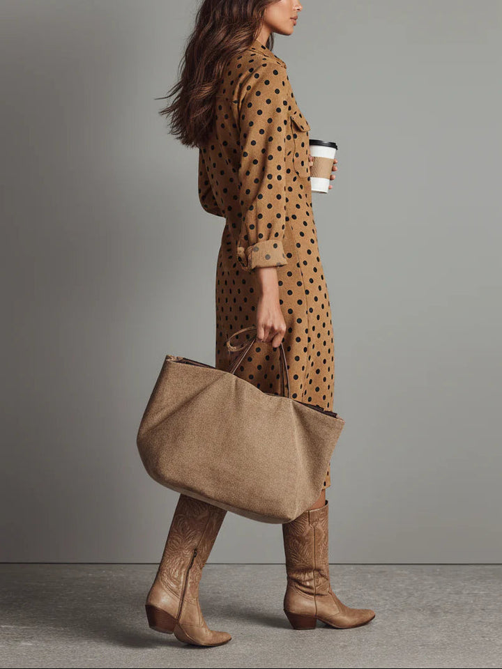 Polka Dot Faux Suede Midi Dress with Shirt Design