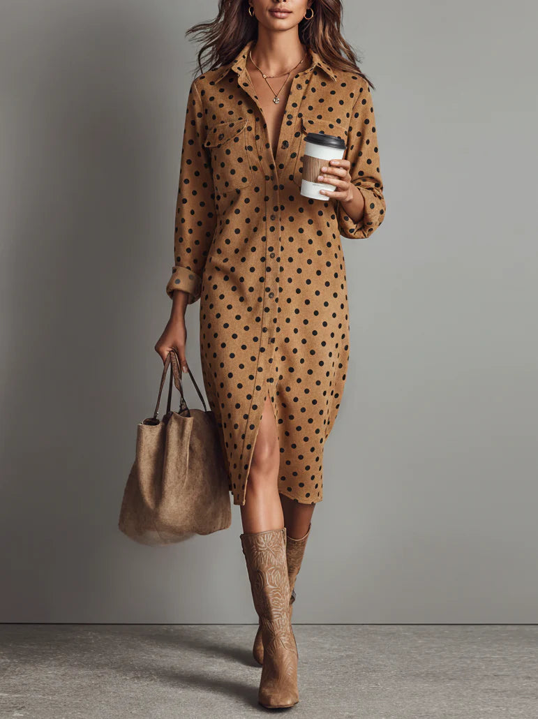 Polka Dot Faux Suede Midi Dress with Shirt Design