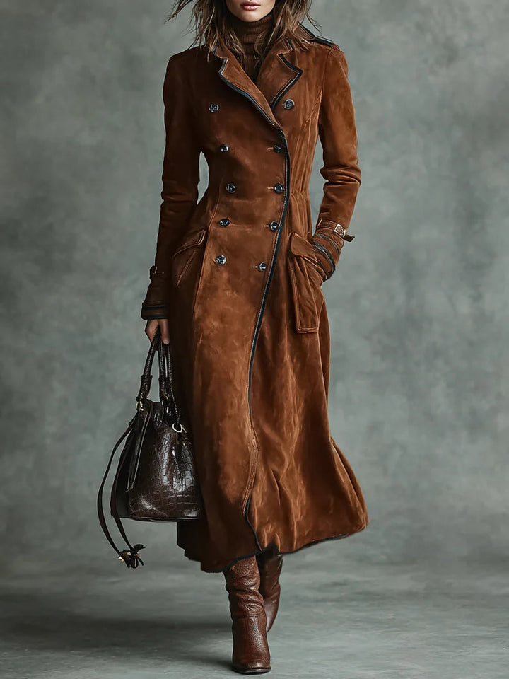 Suede-Trimmed Double-Breasted Long Coat with Lapel
