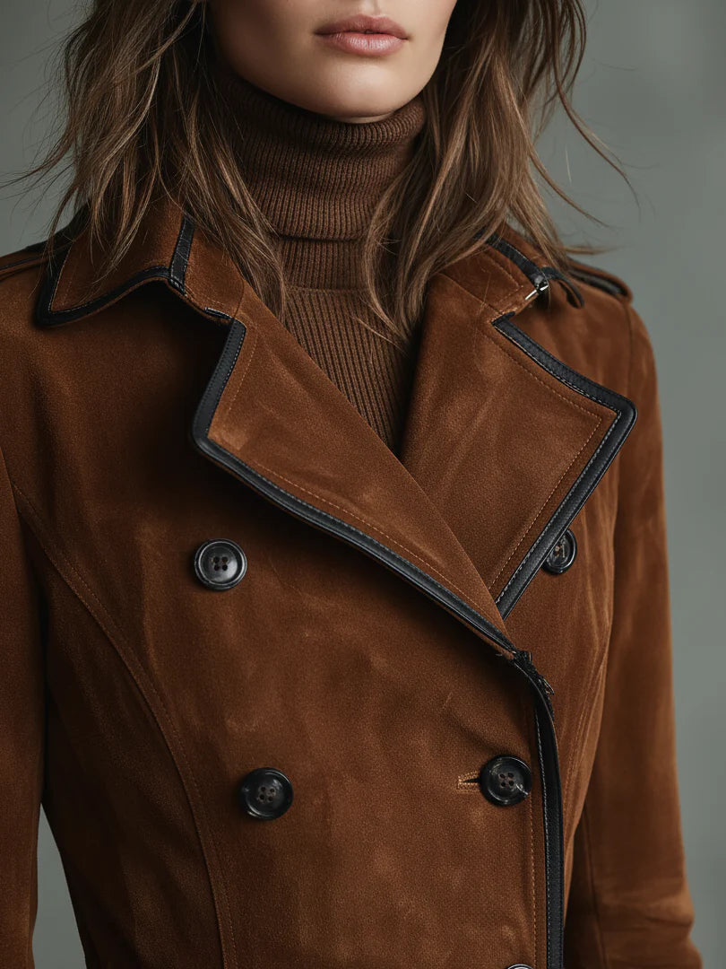 Suede-Trimmed Double-Breasted Long Coat with Lapel