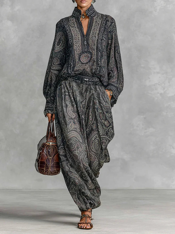 Retro Paisley Print Long Sleeve Shirt and Trouser Set