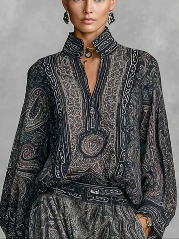 Retro Paisley Print Long Sleeve Shirt and Trouser Set