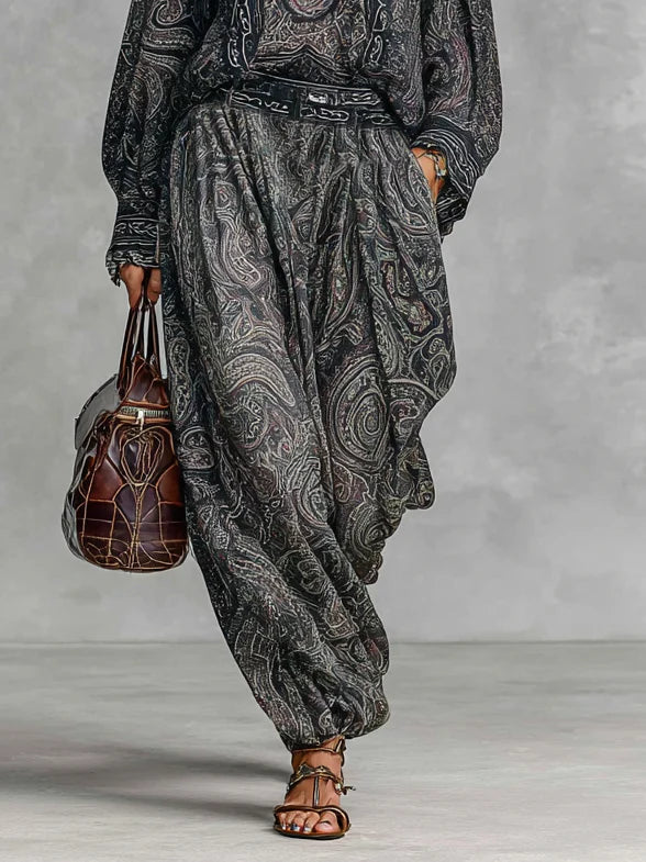 Retro Paisley Print Long Sleeve Shirt and Trouser Set