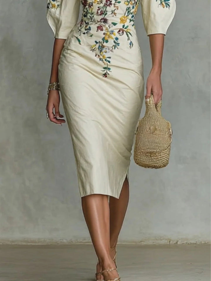 Floral Print Mid-Sleeve Dress with Slit for Women