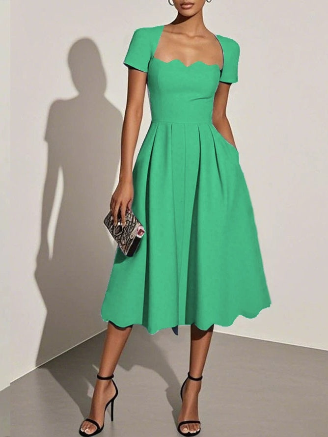Black A-Line Midi Dress with Classic Square Neck and Unique Short Sleeve Design