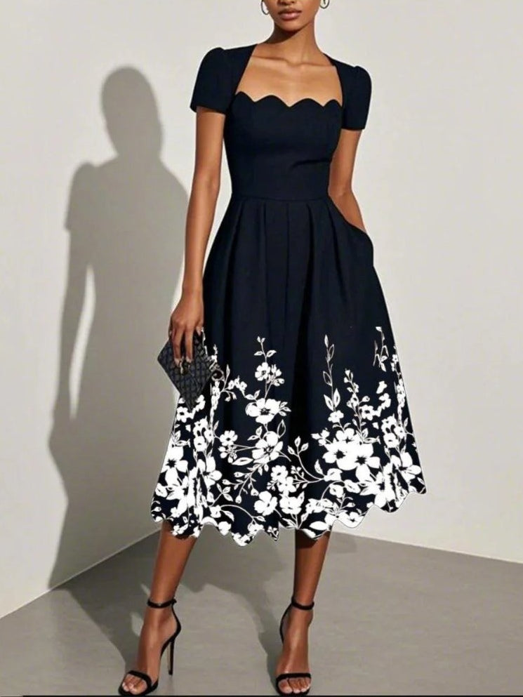 Black Floral Print A-Line Midi Dress with Irregular Square Neck and Short Sleeves