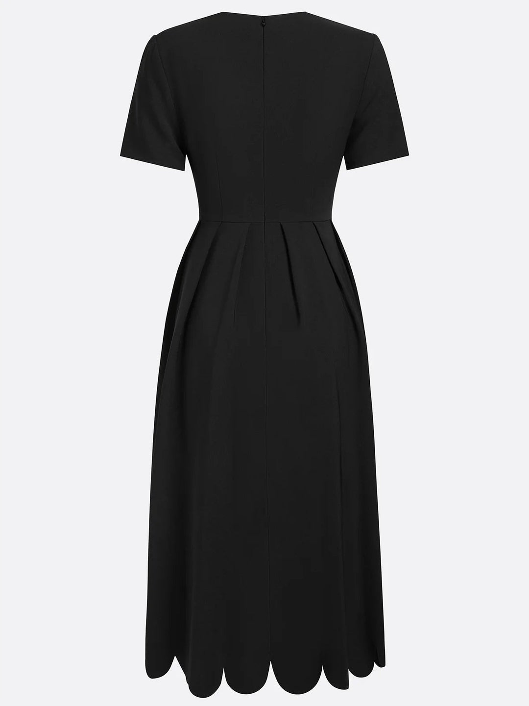 Black A-Line Midi Dress with Classic Square Neck and Unique Short Sleeve Design