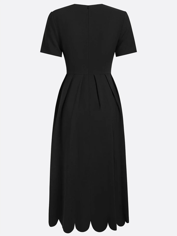 Black A-Line Midi Dress with Classic Square Neck and Unique Short Sleeve Design