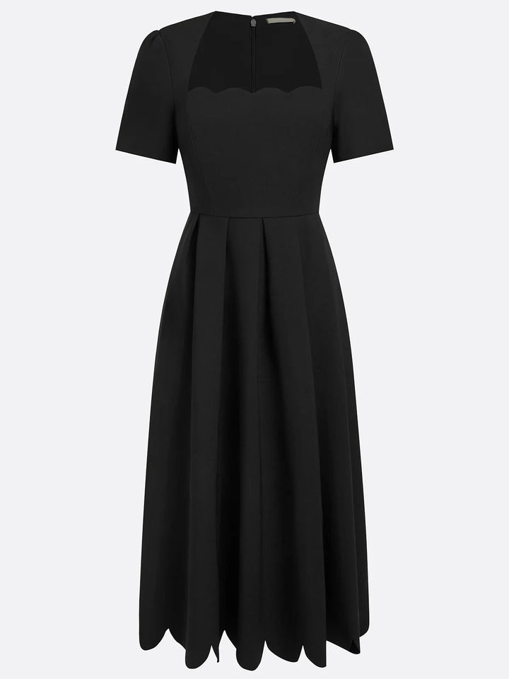Black A-Line Midi Dress with Classic Square Neck and Unique Short Sleeve Design