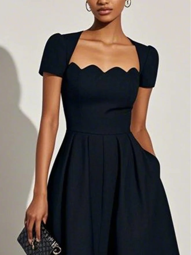 Black A-Line Midi Dress with Classic Square Neck and Unique Short Sleeve Design