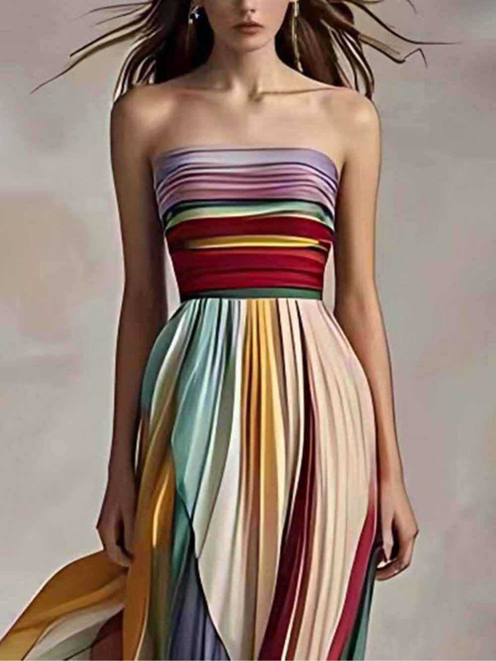 Chic Off-Shoulder Striped Pleated Bandeau Maxi Dress