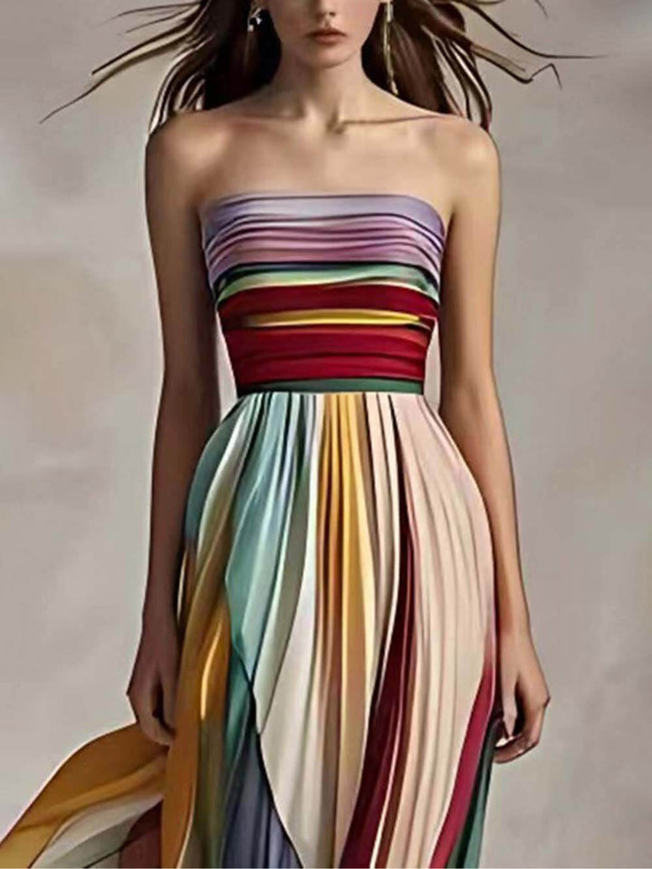 Chic Off-Shoulder Striped Pleated Bandeau Maxi Dress